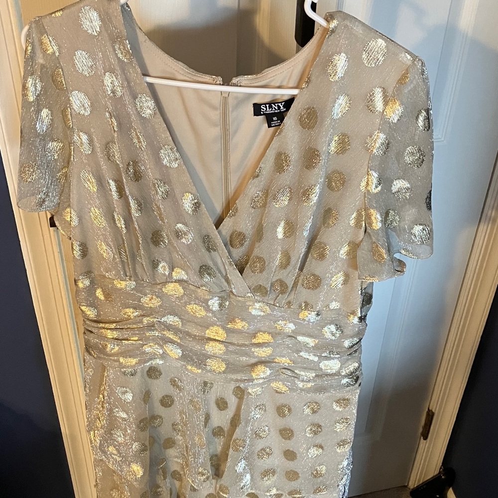 SLNY Gold Dot V Neck Dress 16